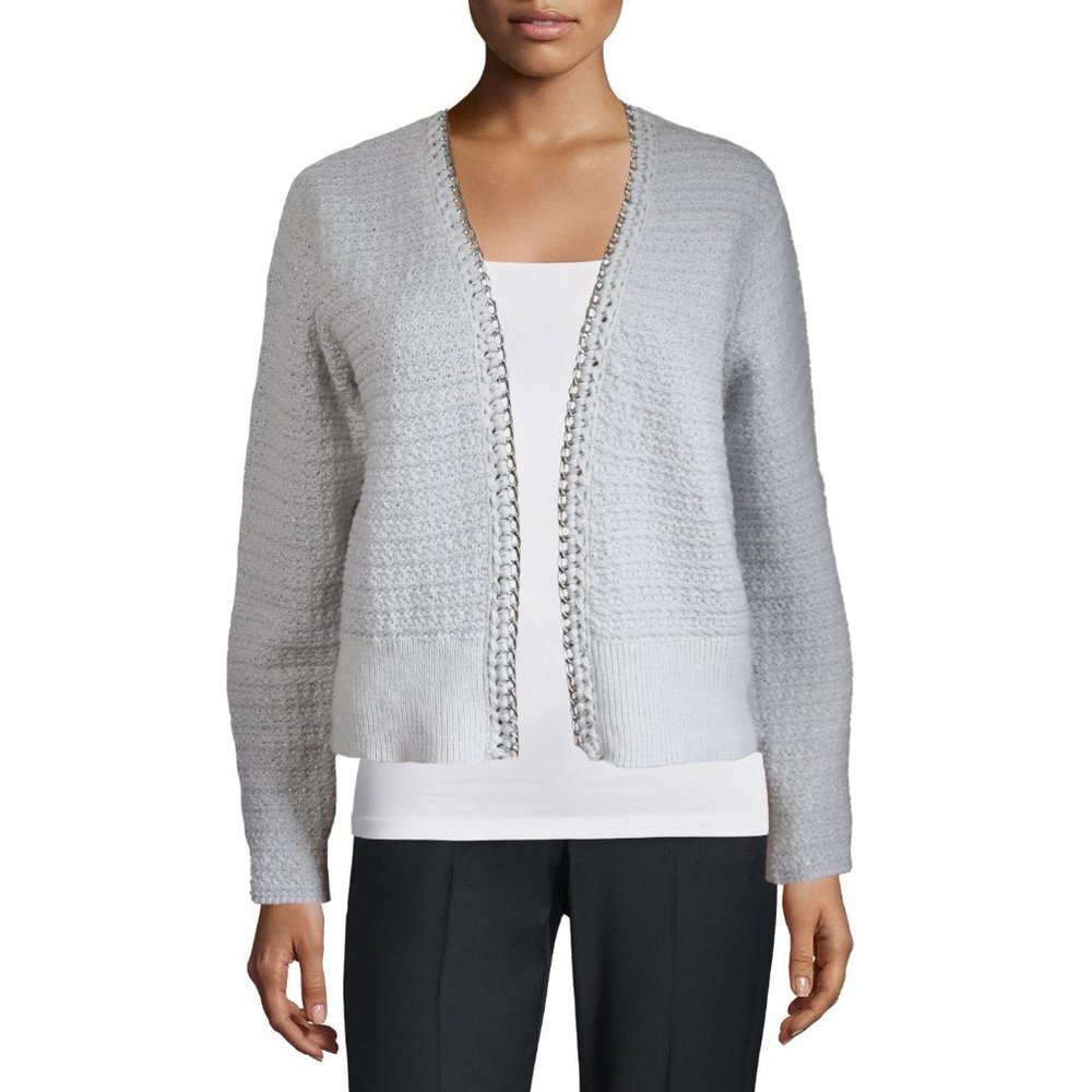 Elie Tahari Women’s Cardigan Silver Chain Trim Long Sleeve Jacquard Knit Jacket